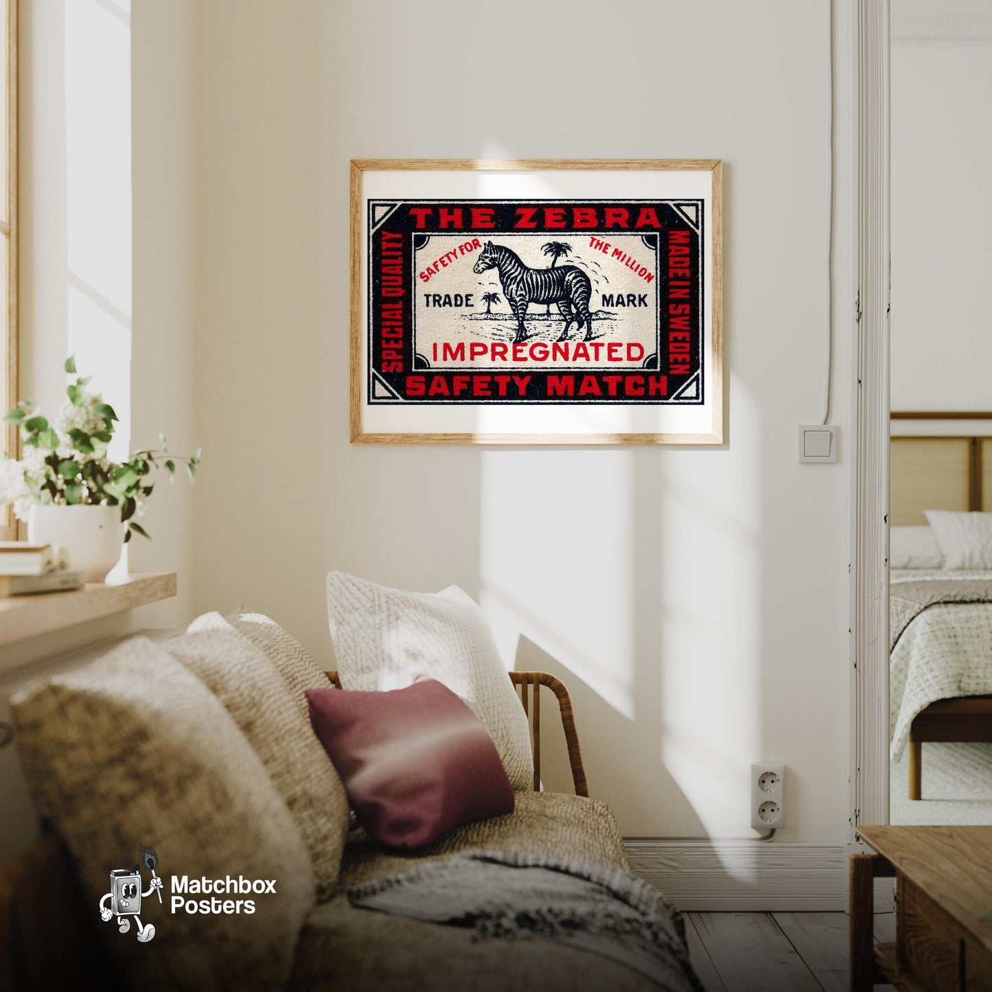 Zebra - vintage matchbox label print - living room mockup