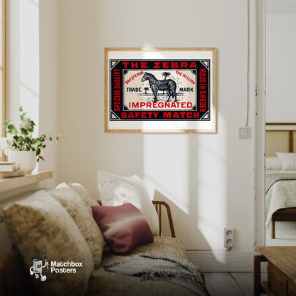 Zebra - vintage matchbox label print - living room mockup