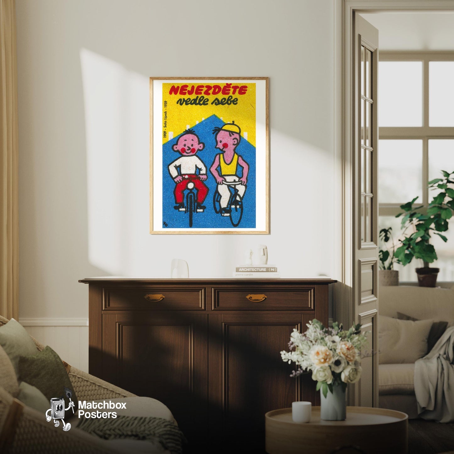 Two Boys Cycling - vintage matchbox label print - living room mockup