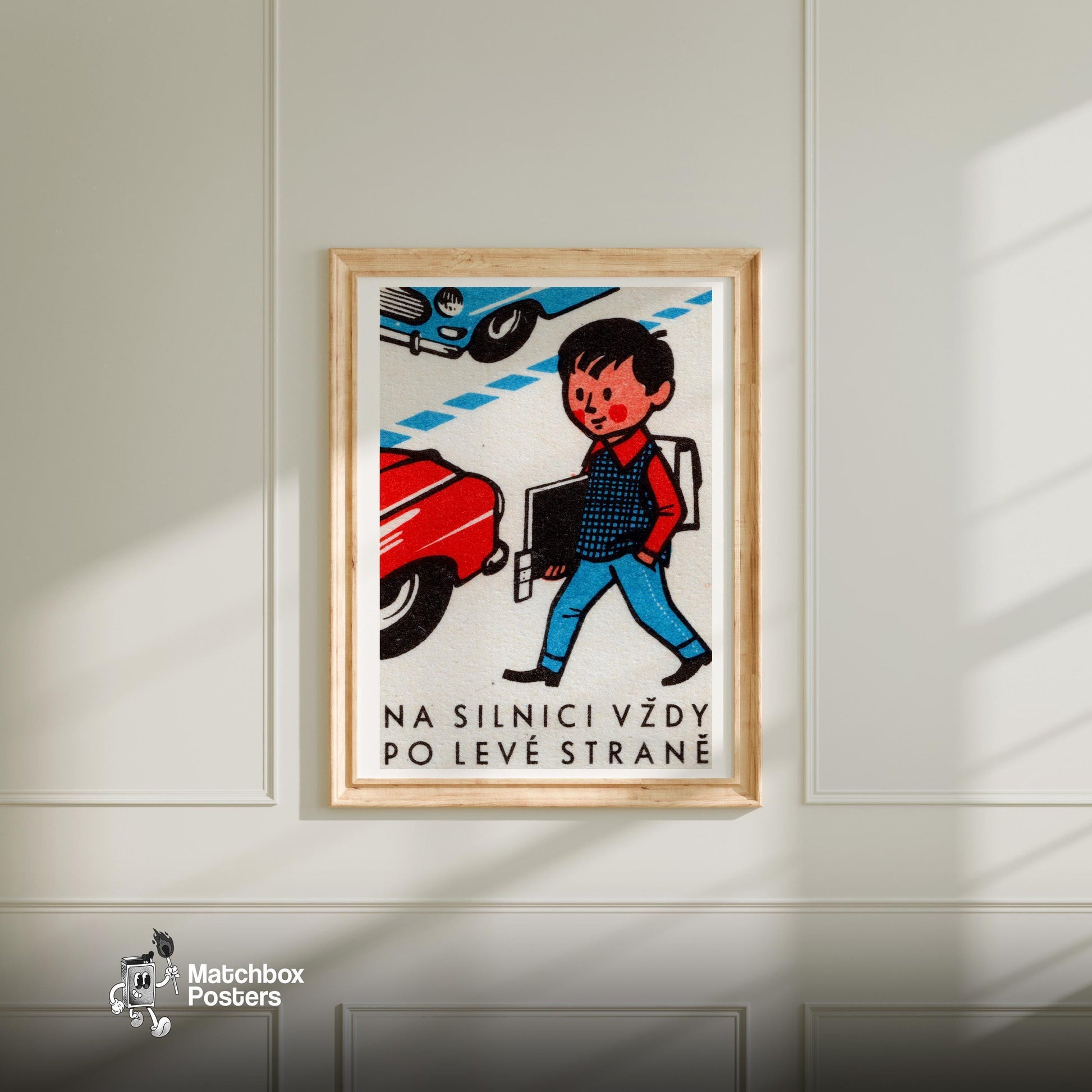 Boy Crossing Street - vintage matchbox label print - bedroom mockup