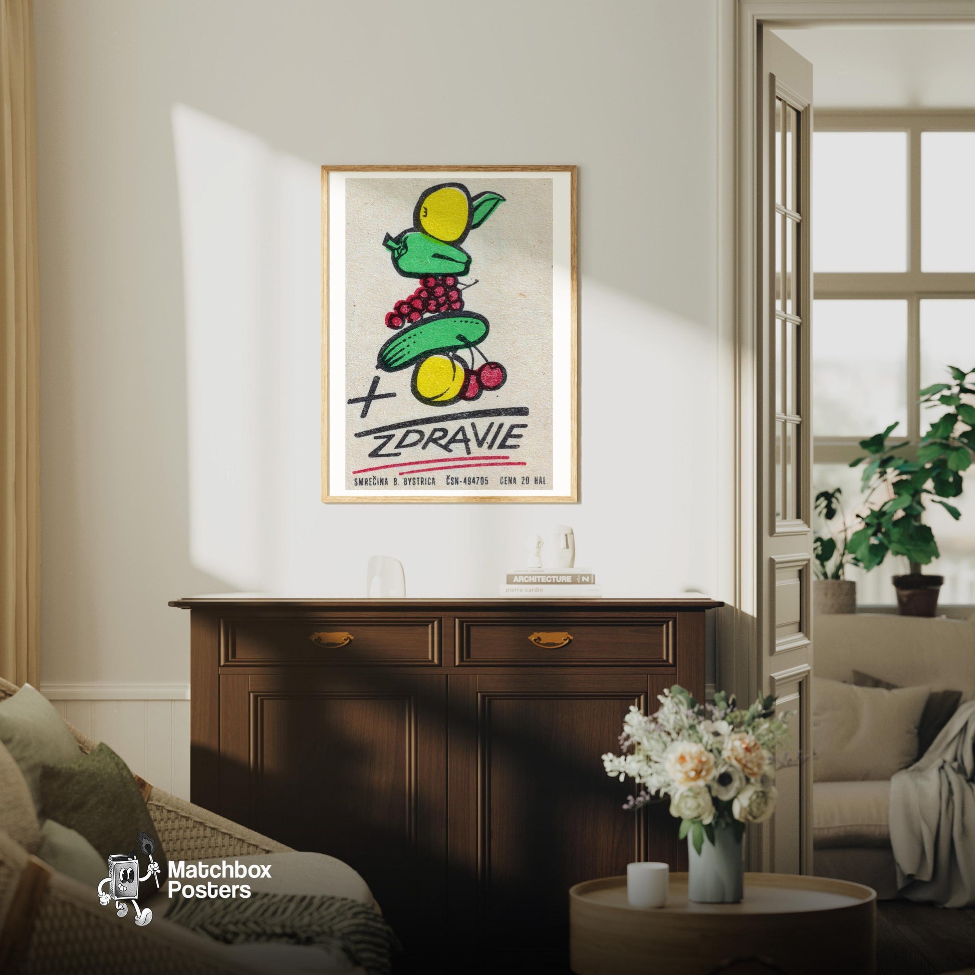 Illustration Of Fruits - vintage matchbox label print - living room mockup