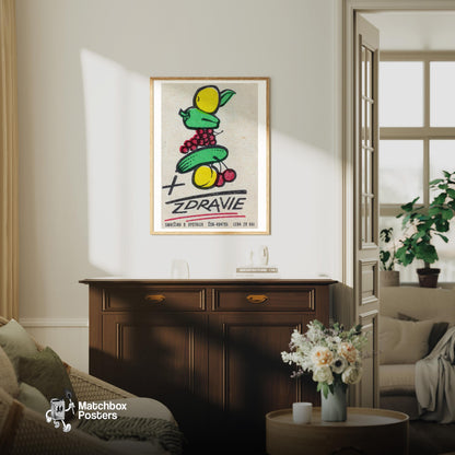 Illustration Of Fruits - vintage matchbox label print - living room mockup