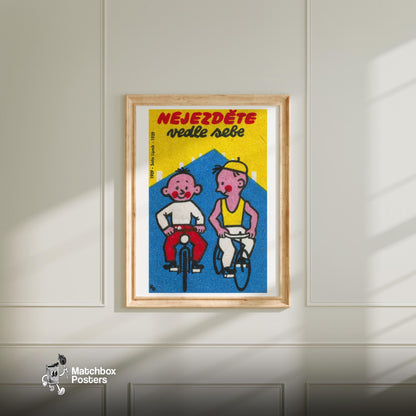 Two Boys Cycling - vintage matchbox label print - bedroom mockup