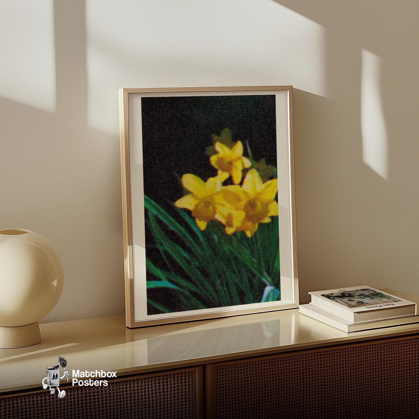 Yellow Daffodil - vintage matchbox label print - size comparison