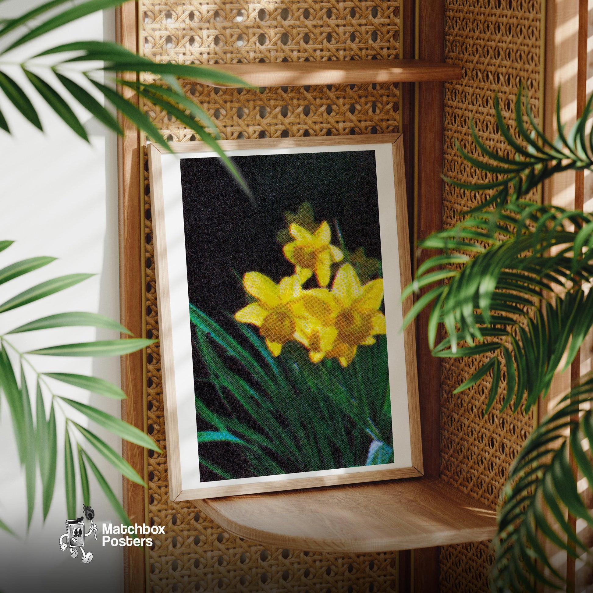 Yellow Daffodil - vintage matchbox label print - office wall