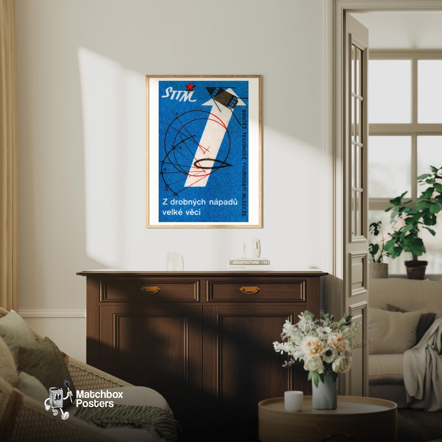 Technological Innovation - vintage matchbox label print - living room mockup