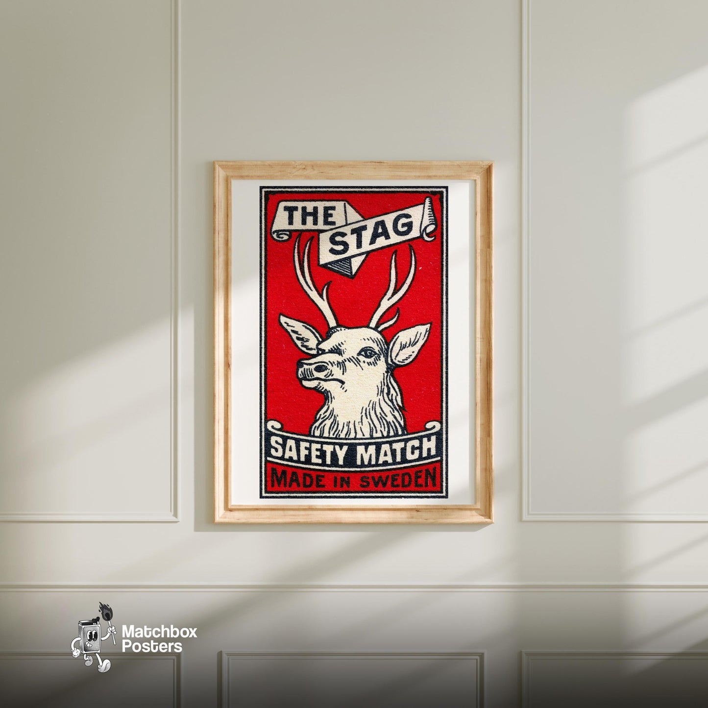 The Stag: Vintage Sweden - vintage matchbox label print - bedroom mockup