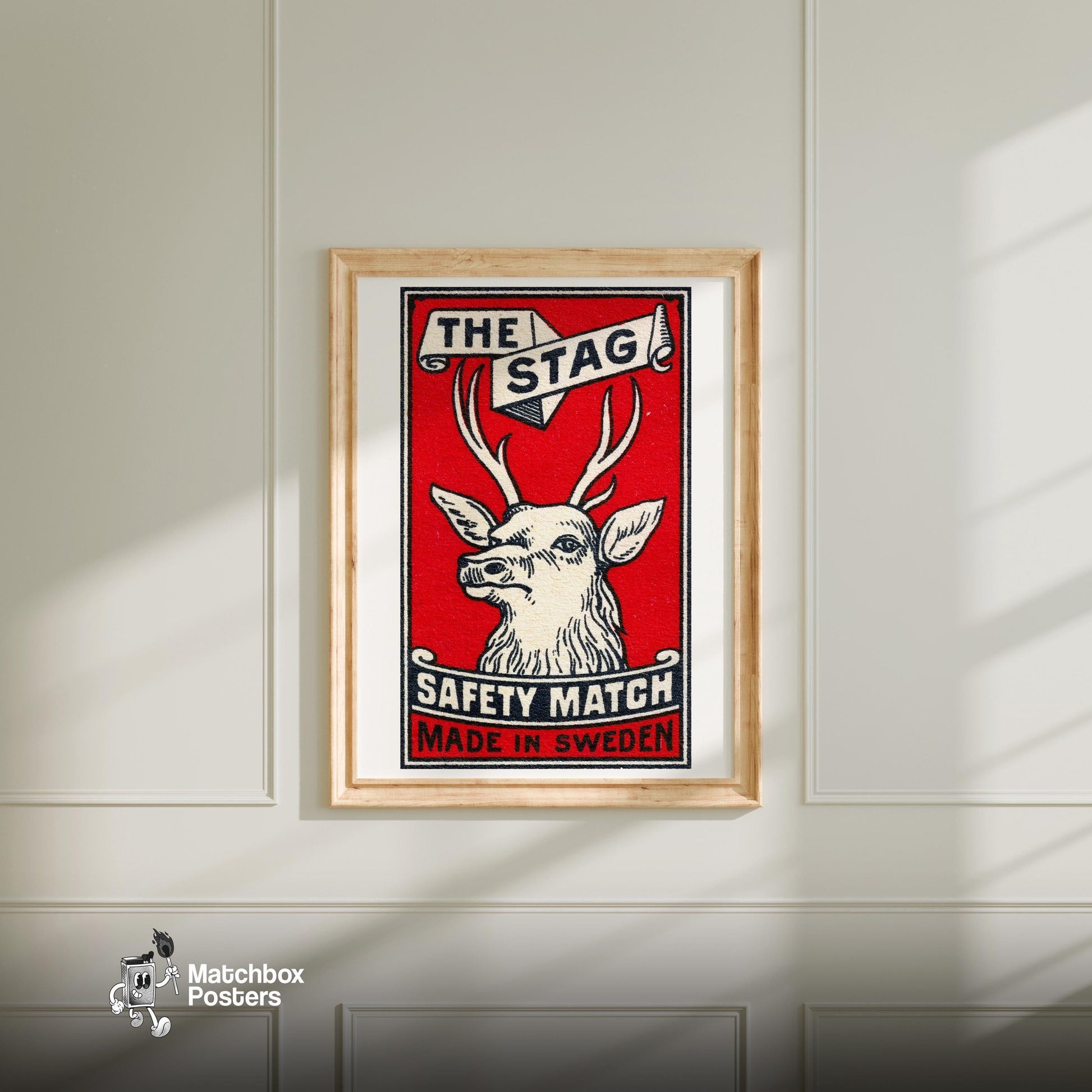 The Stag: Vintage Sweden - vintage matchbox label print - bedroom mockup