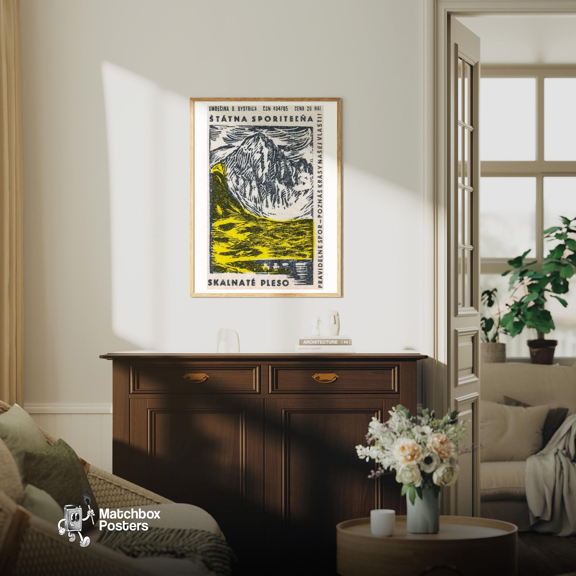 Yellow Glacier - vintage matchbox label print - living room mockup