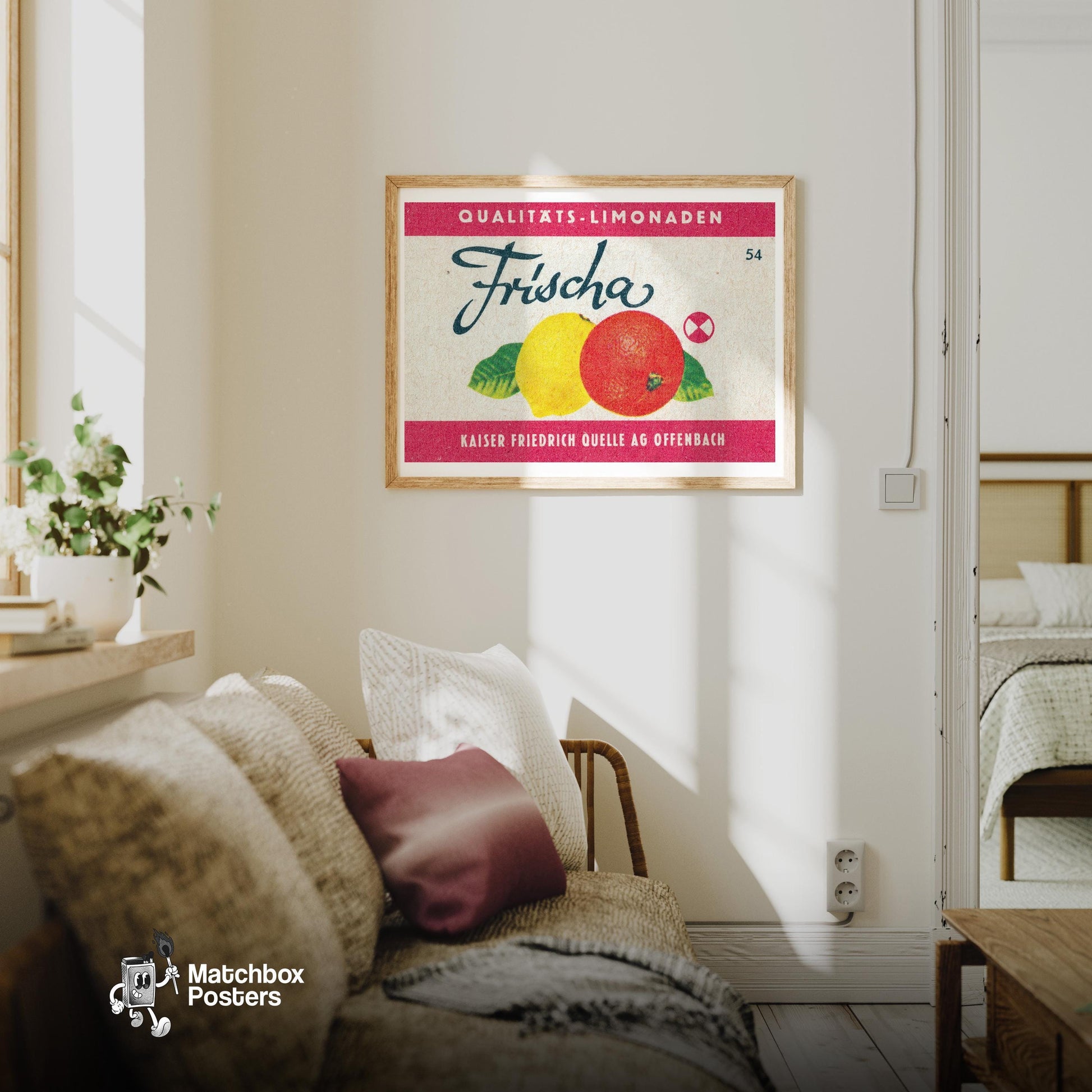 Lemon and Orange - vintage matchbox label print - living room mockup