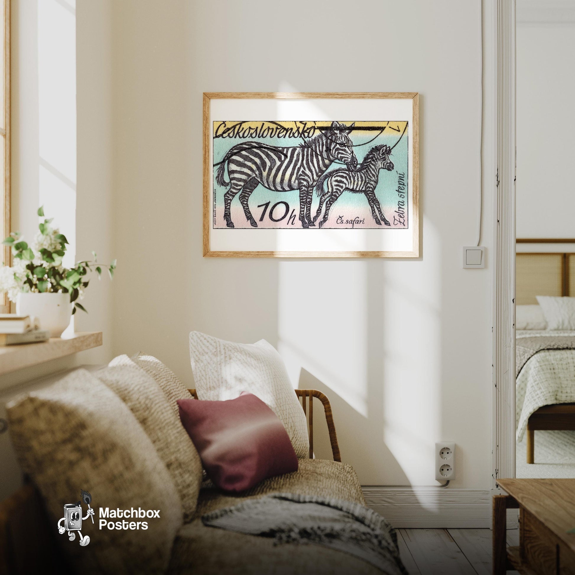 Zebra and Foal - vintage matchbox label print - living room mockup
