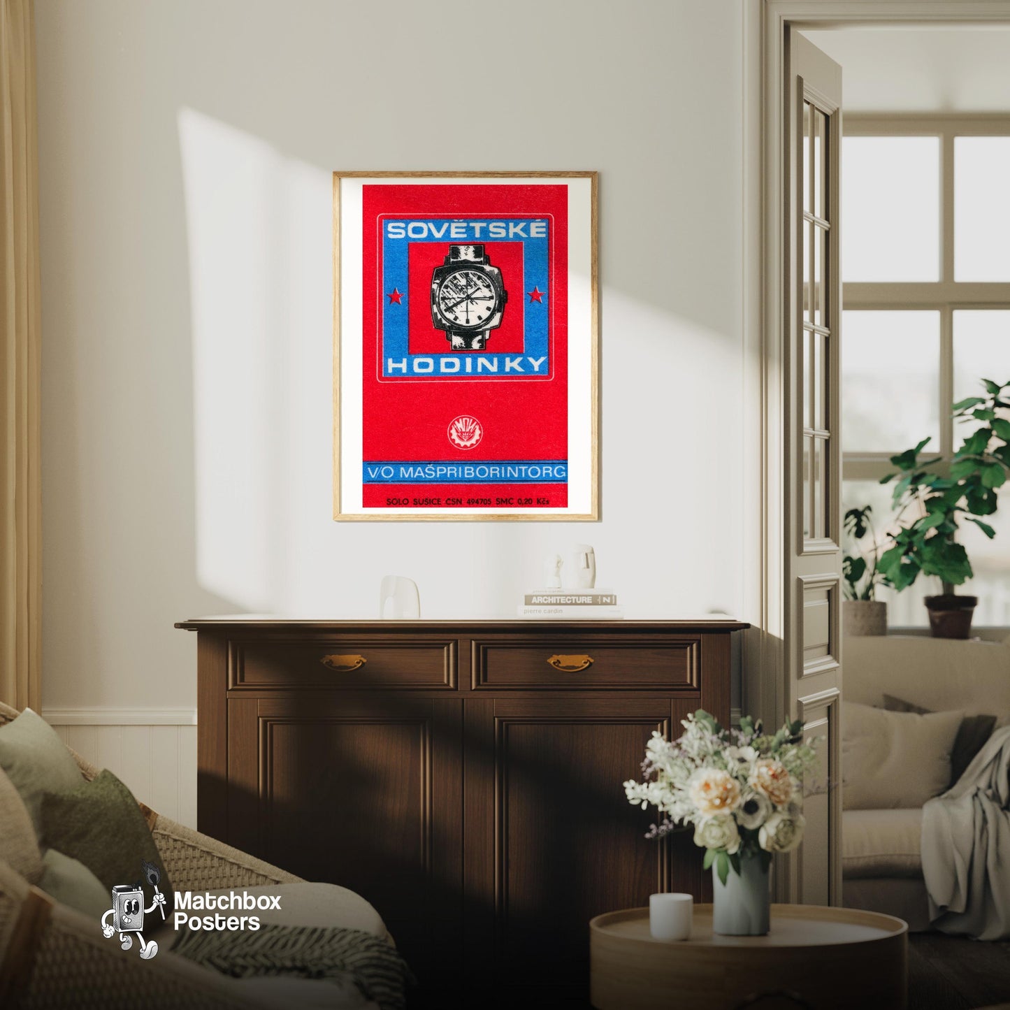 Soviet Watch - vintage matchbox label print - living room mockup