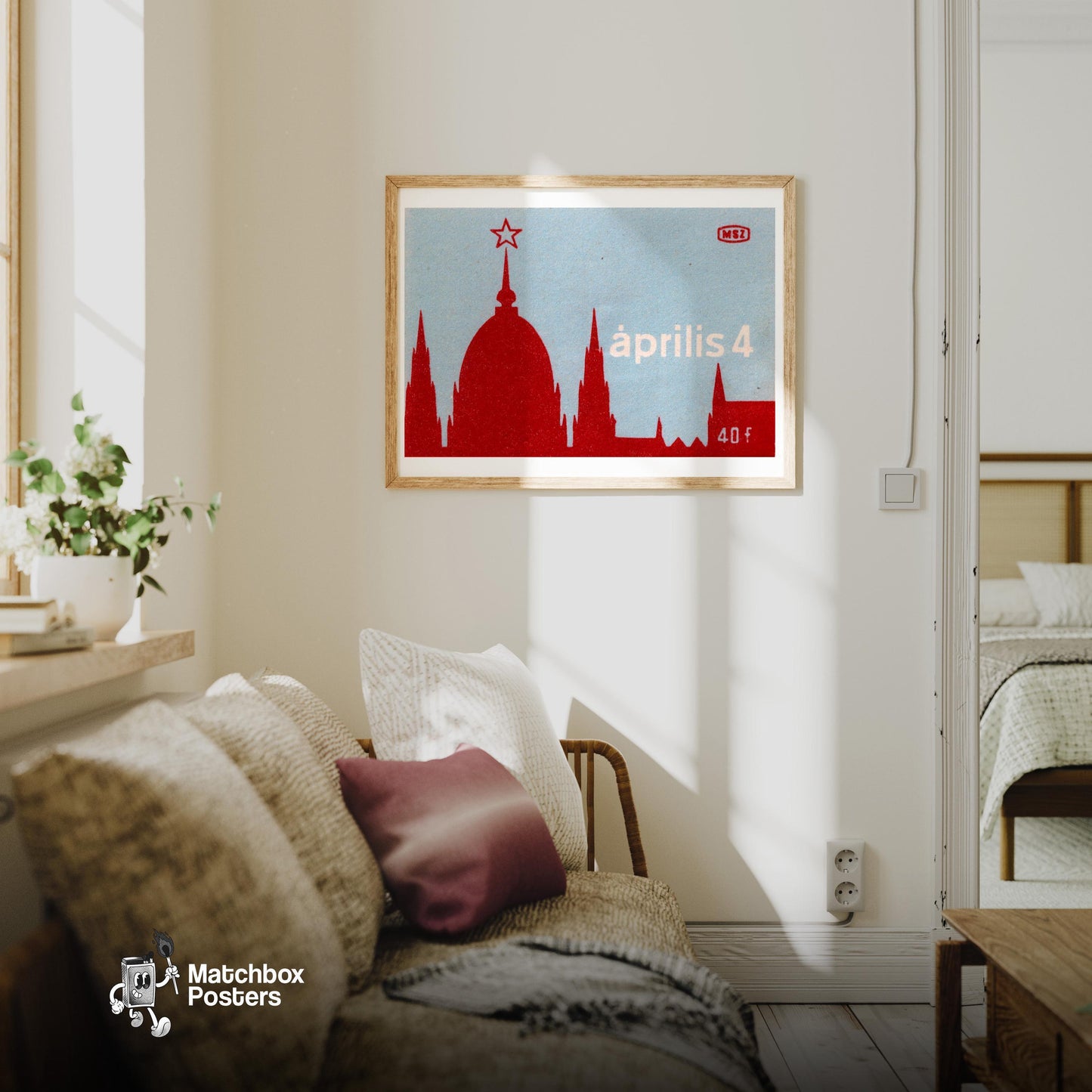 Church Silhouette - vintage matchbox label print - living room mockup