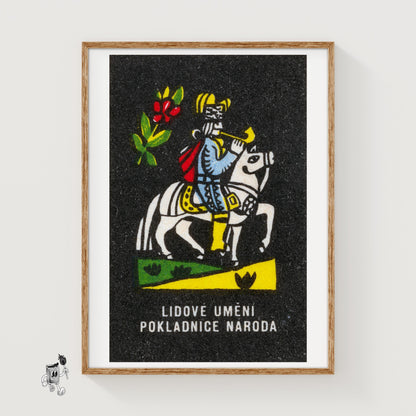 Horse Rider Blowing Trumpet - vintage matchbox label print