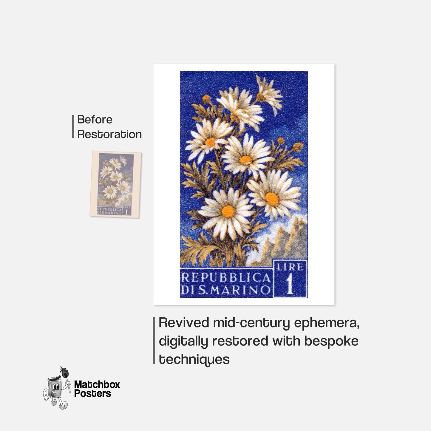 White Daisies - vintage matchbox label print - framed wall art preview