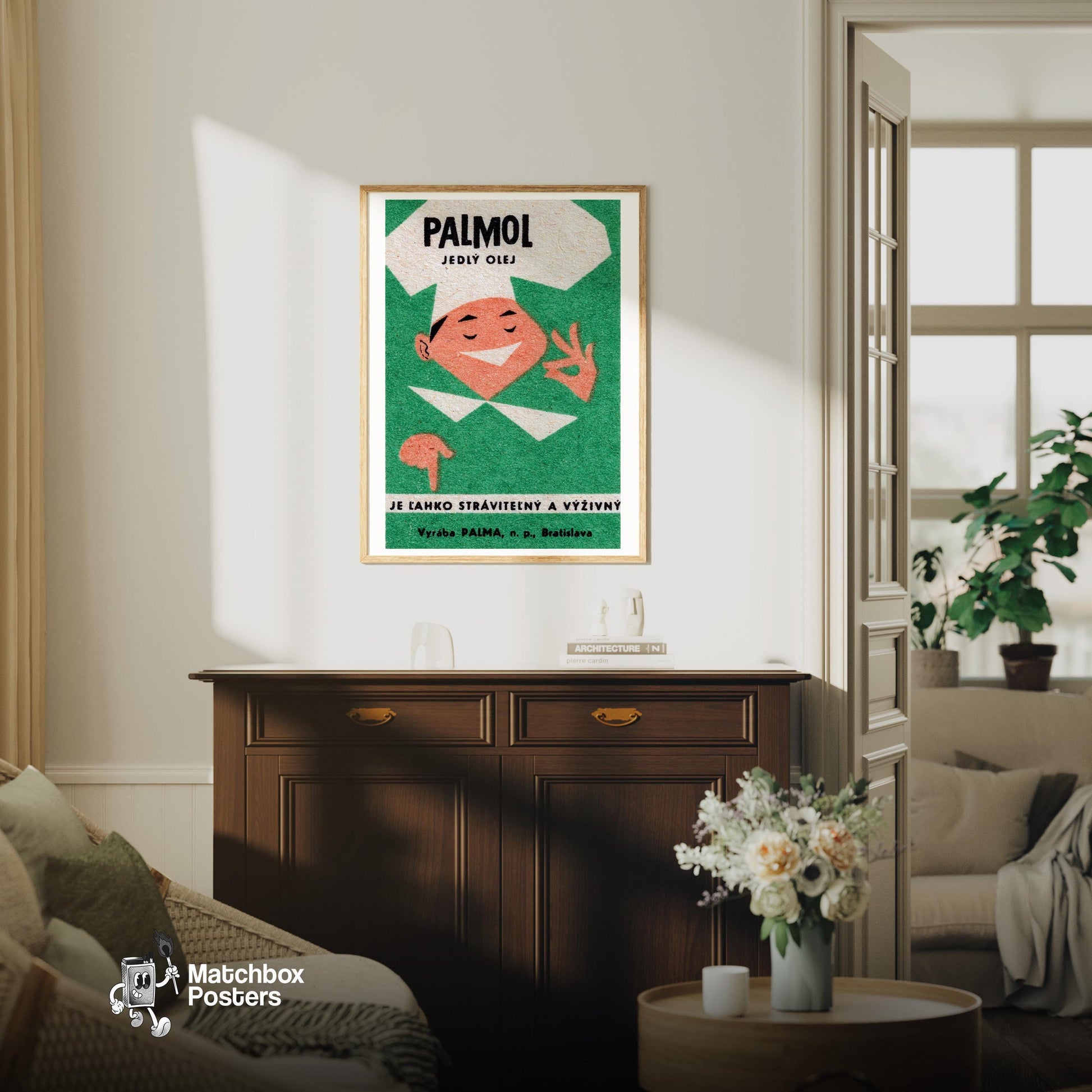 Happy Chef - vintage matchbox label print - living room mockup