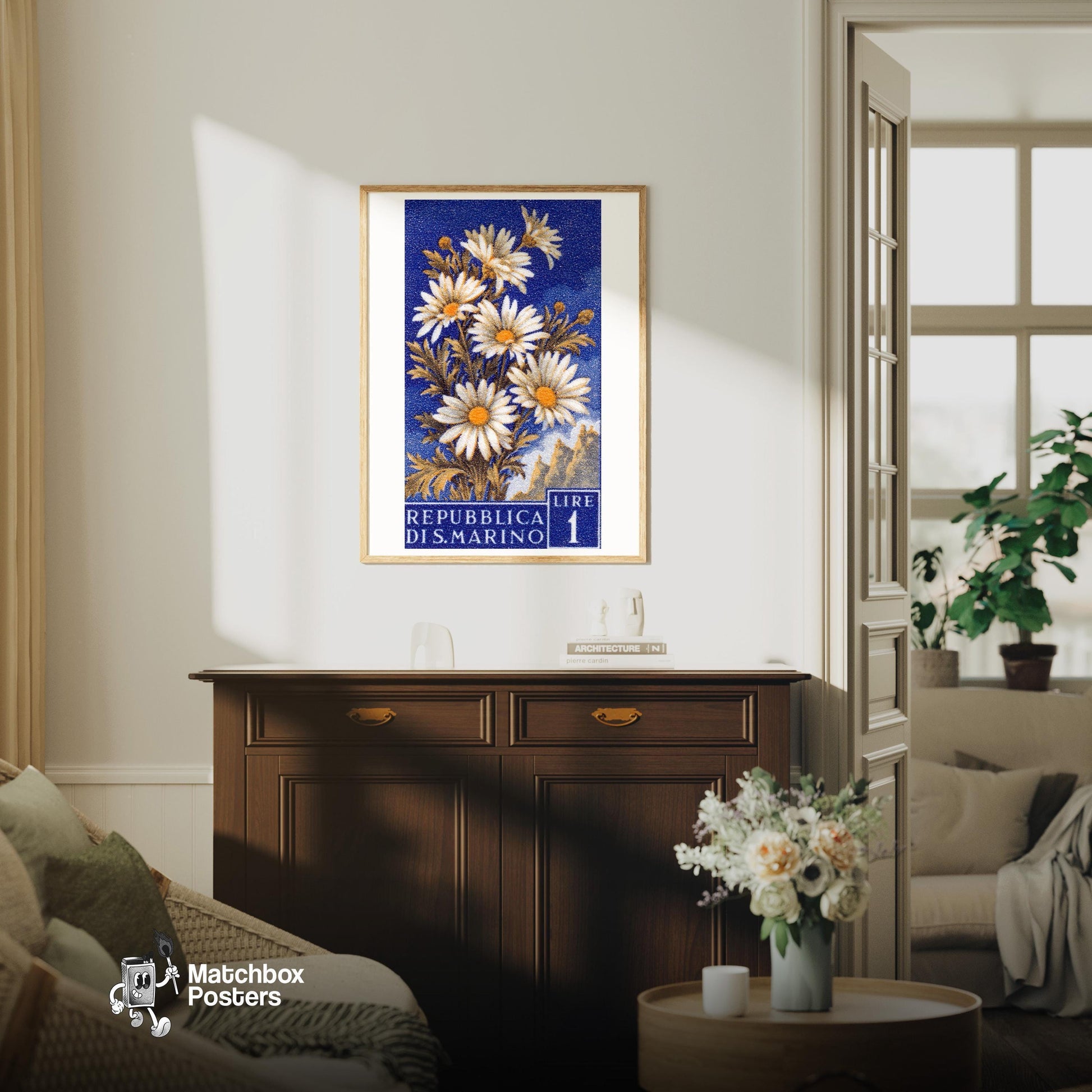 White Daisies - vintage matchbox label print - living room mockup