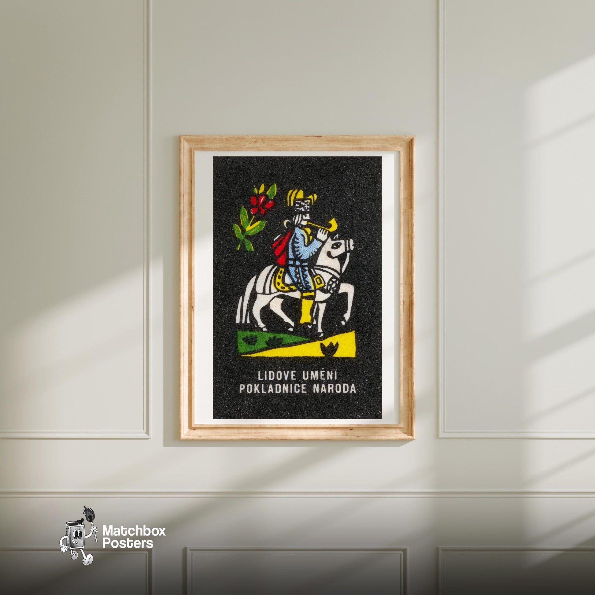 Horse Rider Blowing Trumpet - vintage matchbox label print - bedroom mockup
