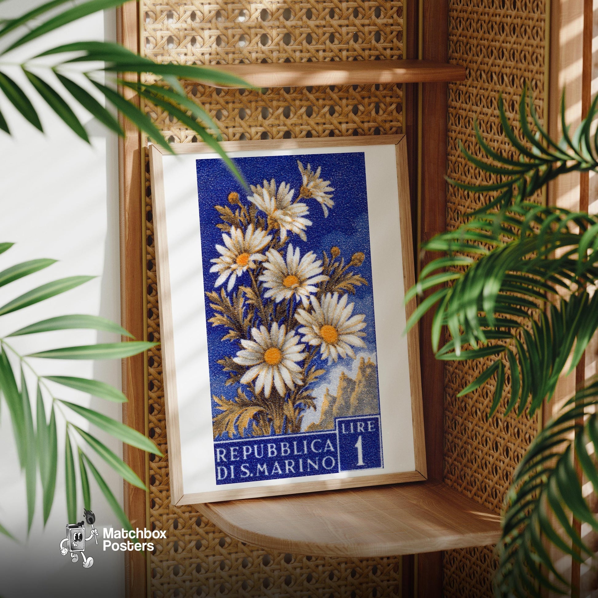 White Daisies - vintage matchbox label print - office wall