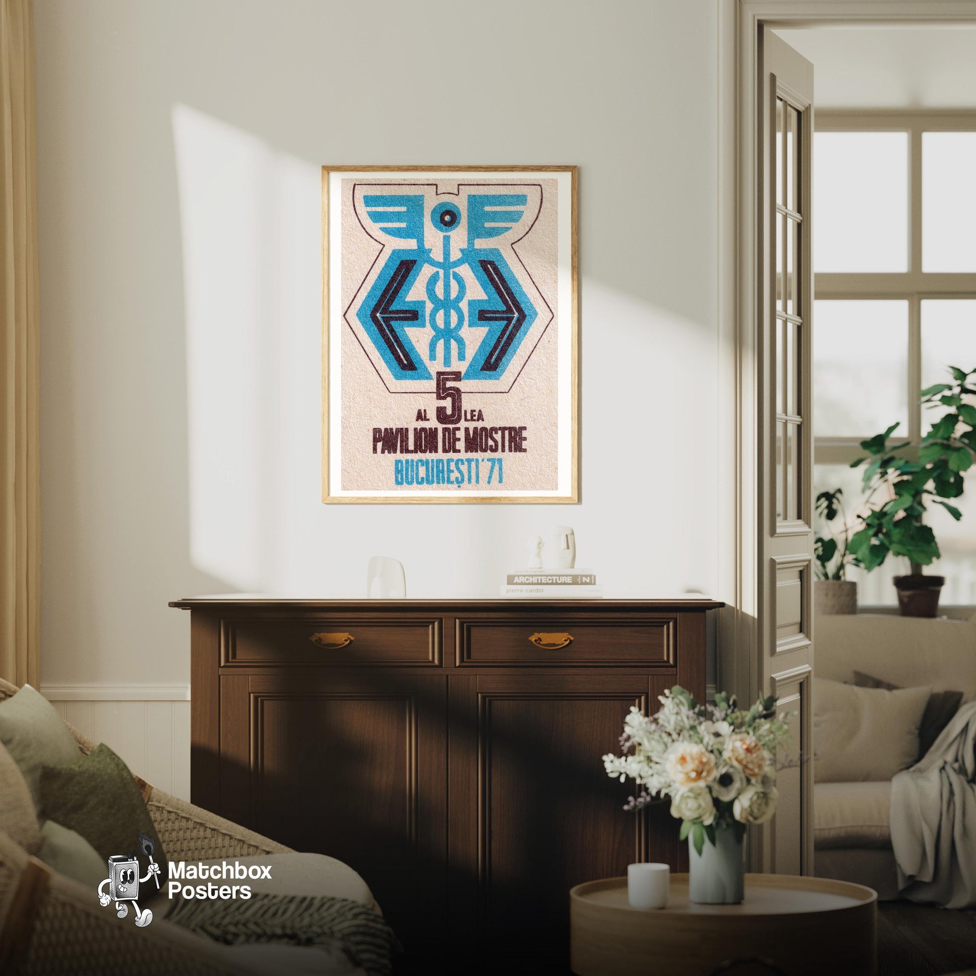 Bucharest Pavillion - vintage matchbox label print - living room mockup