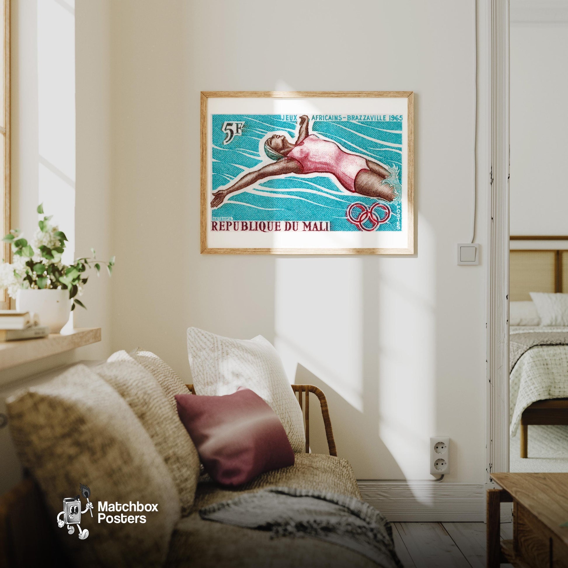 Swimming Woman - vintage matchbox label print - living room mockup