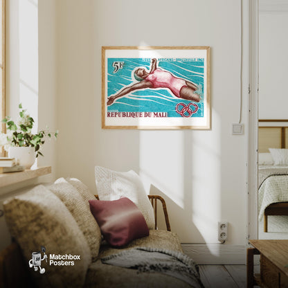 Swimming Woman - vintage matchbox label print - living room mockup