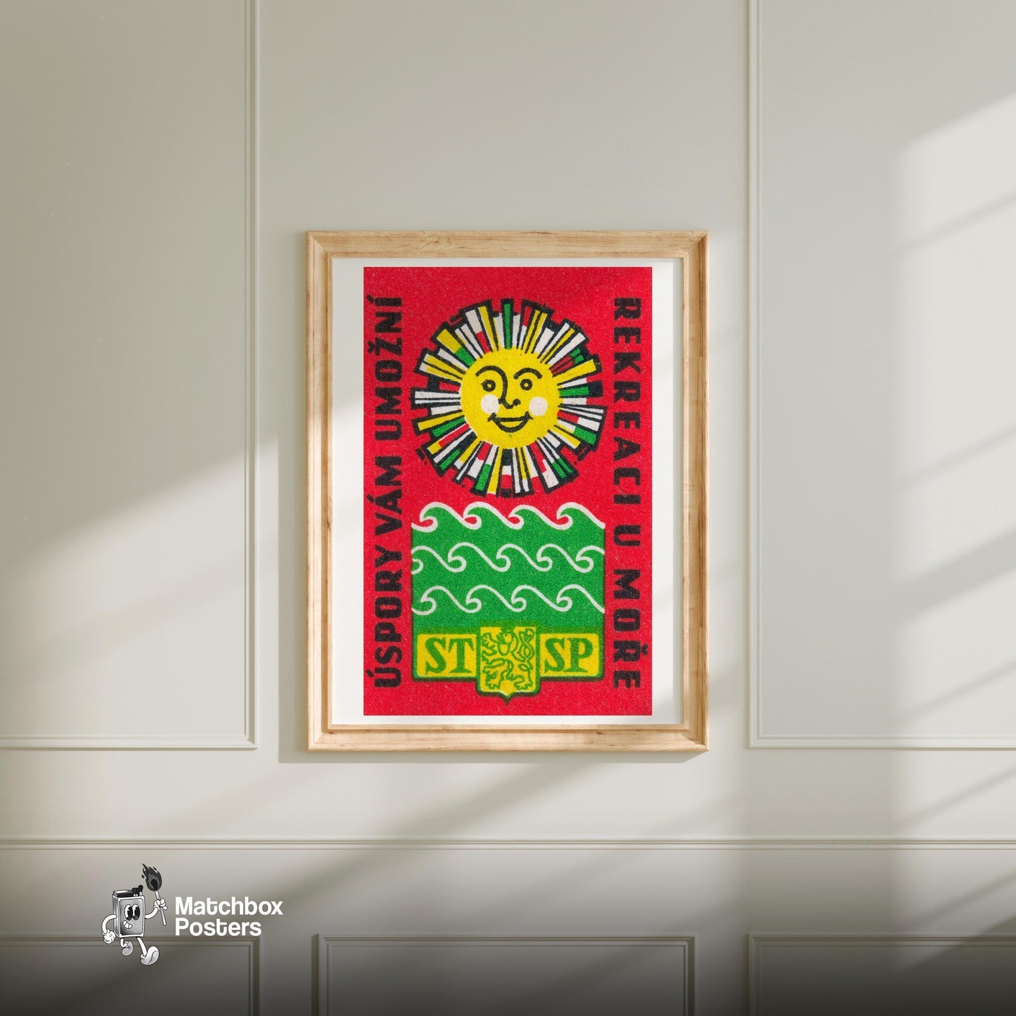 Smiling Sun - vintage matchbox label print - bedroom mockup