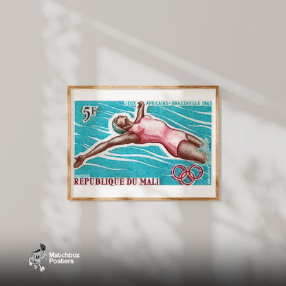 Swimming Woman - vintage matchbox label print - bedroom mockup