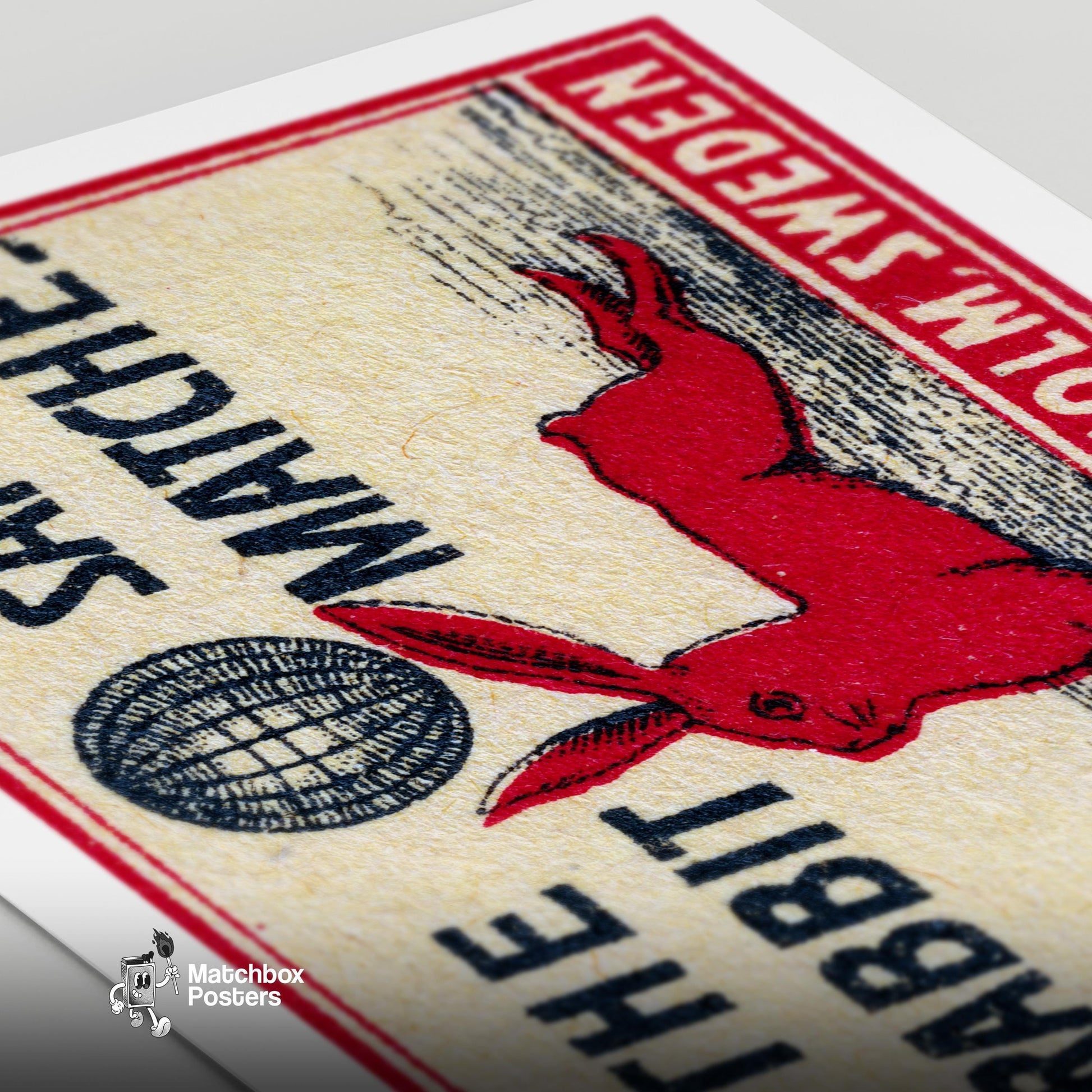 Red Rabbit Lying Down - vintage matchbox label print - close-up detail
