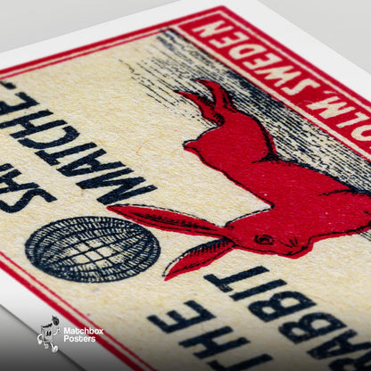 Red Rabbit Lying Down - vintage matchbox label print - close-up detail