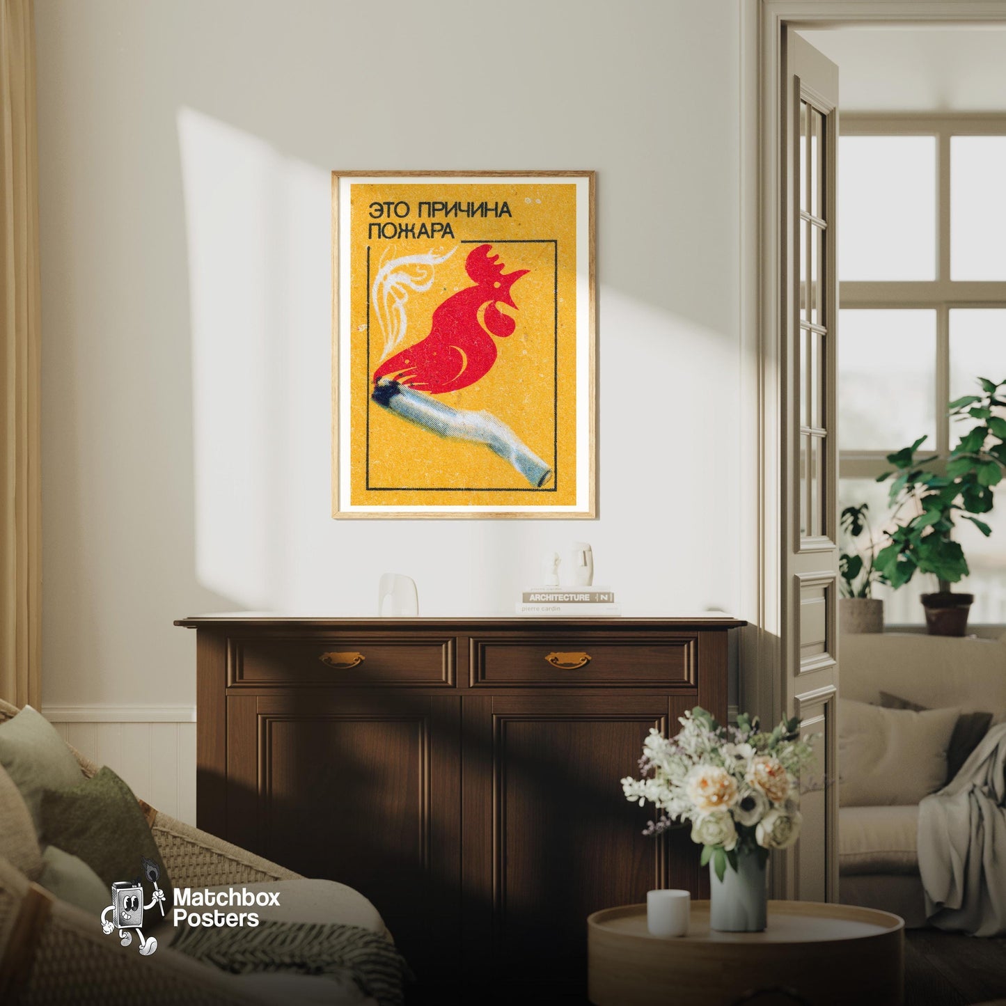 Red Rooster Cigarette - vintage matchbox label print - living room mockup