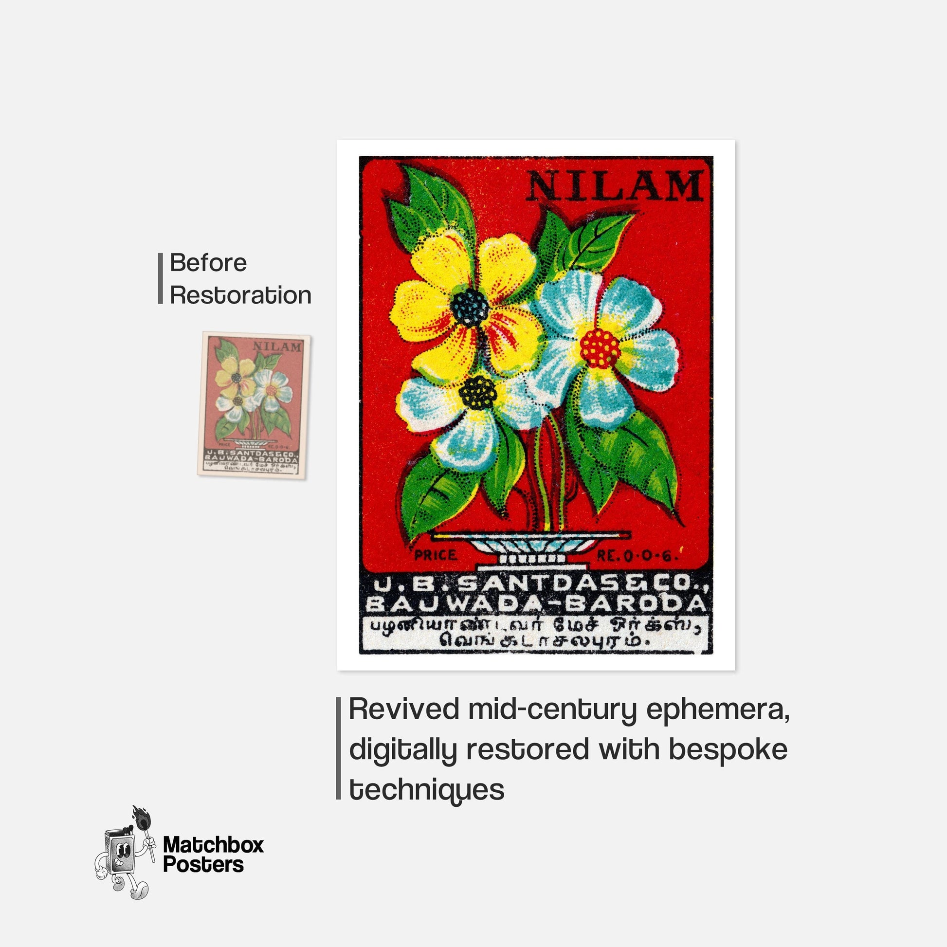 Yellow and Blue Flowers - vintage matchbox label print - framed wall art preview