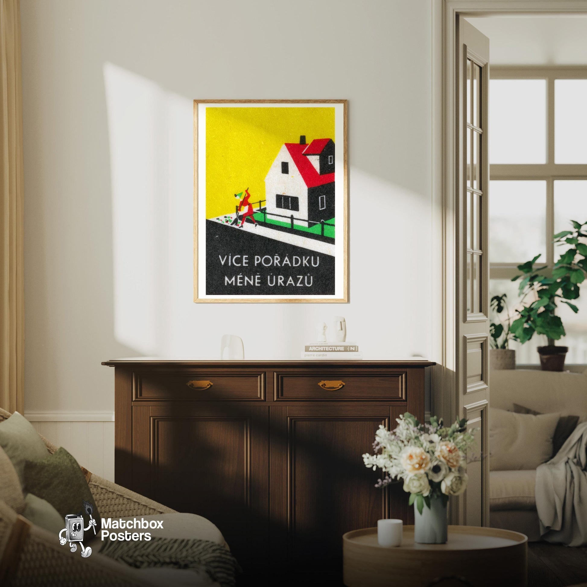 Stylized House - vintage matchbox label print - living room mockup