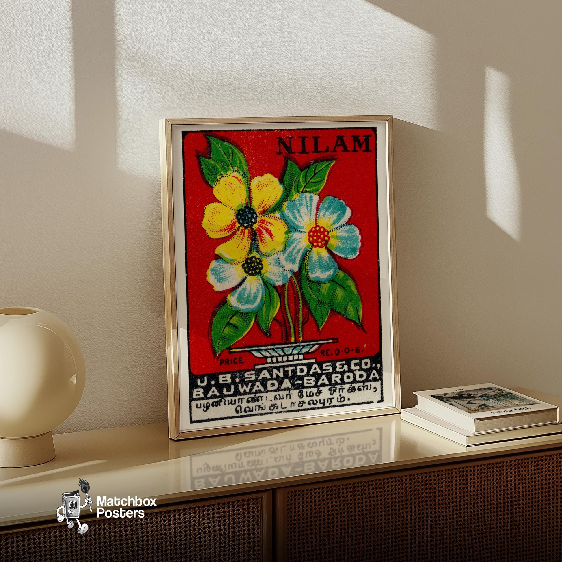 Yellow and Blue Flowers - vintage matchbox label print - size comparison