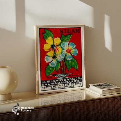 Yellow and Blue Flowers - vintage matchbox label print - size comparison