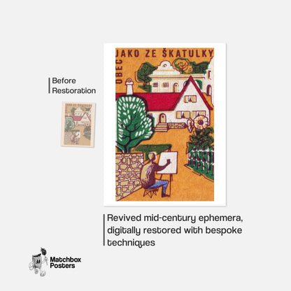 Village Painter - vintage matchbox label print - framed wall art preview