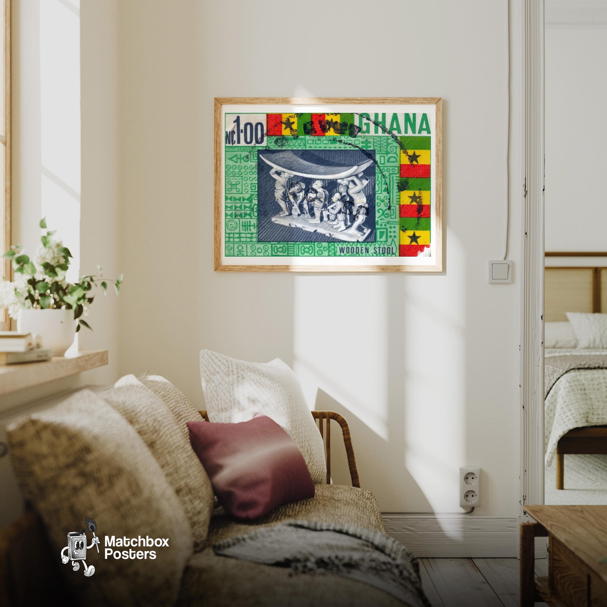 Ghanaian Wooden Stool - vintage matchbox label print - living room mockup