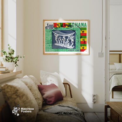 Ghanaian Wooden Stool - vintage matchbox label print - living room mockup