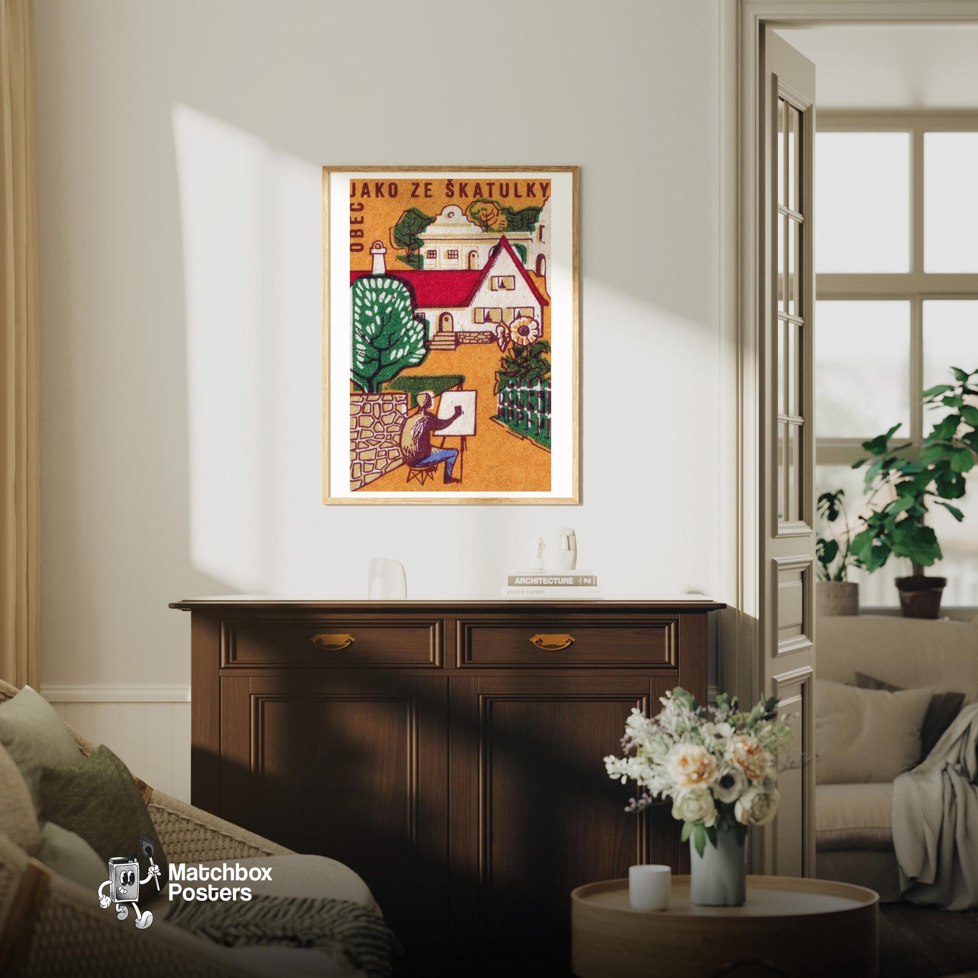 Village Painter - vintage matchbox label print - living room mockup
