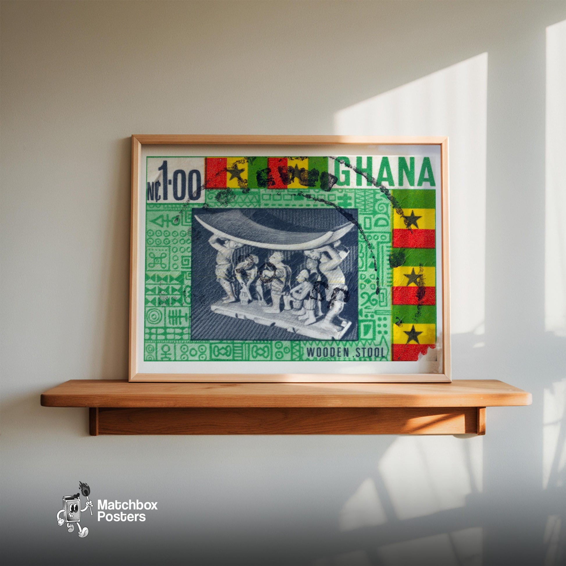 Ghanaian Wooden Stool - vintage matchbox label print - size comparison