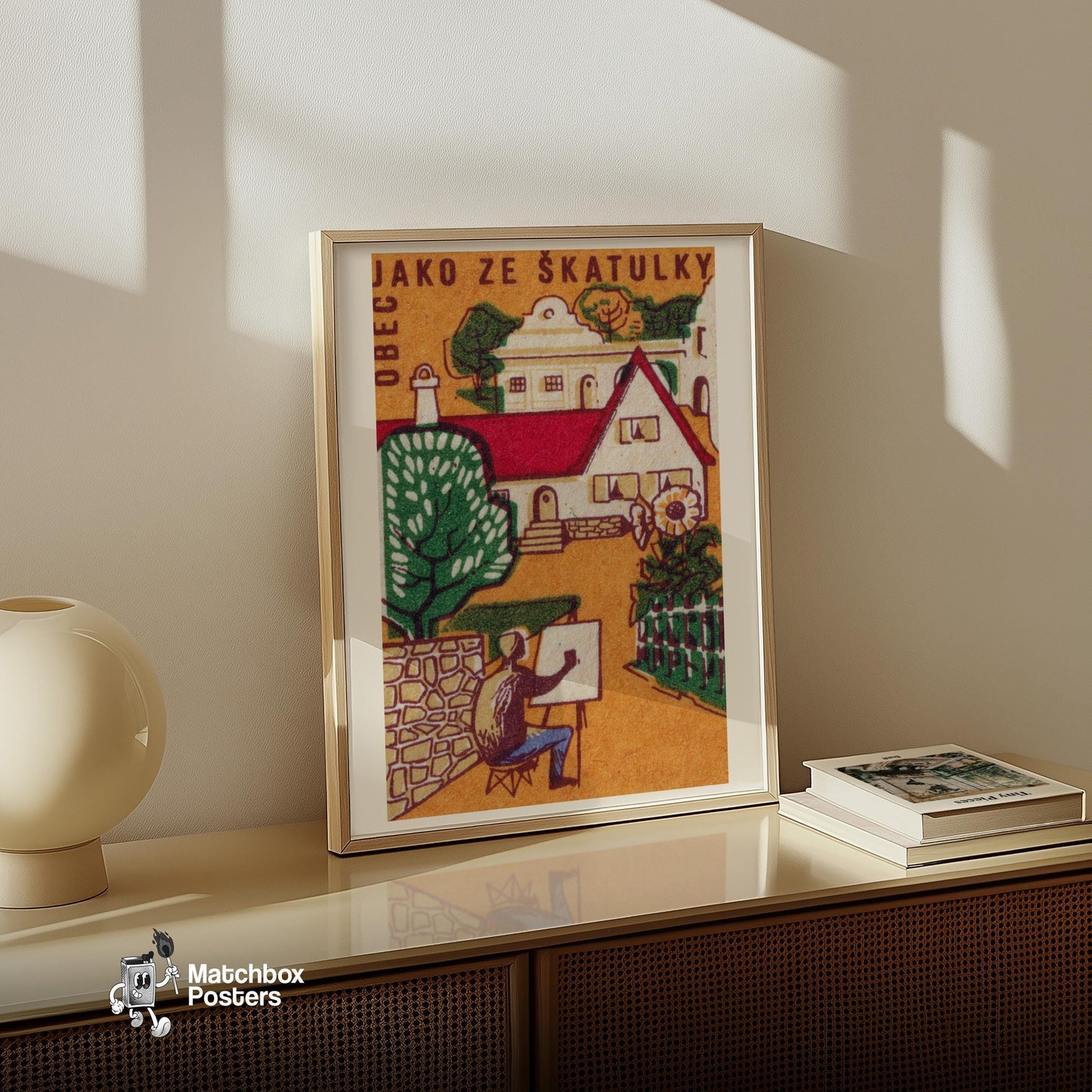 Village Painter - vintage matchbox label print - size comparison