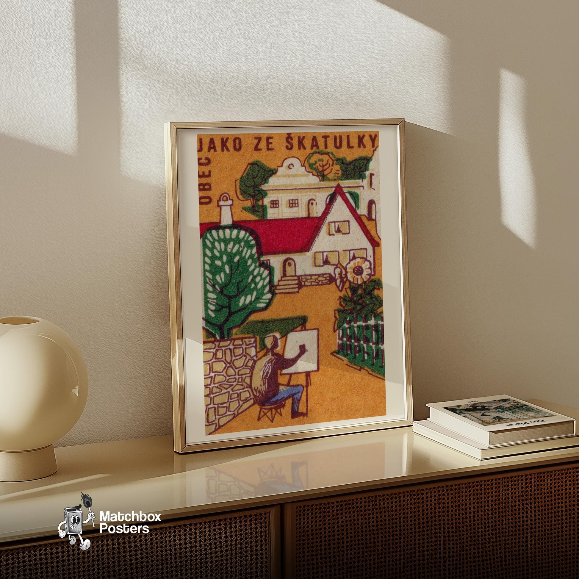 Village Painter - vintage matchbox label print - size comparison