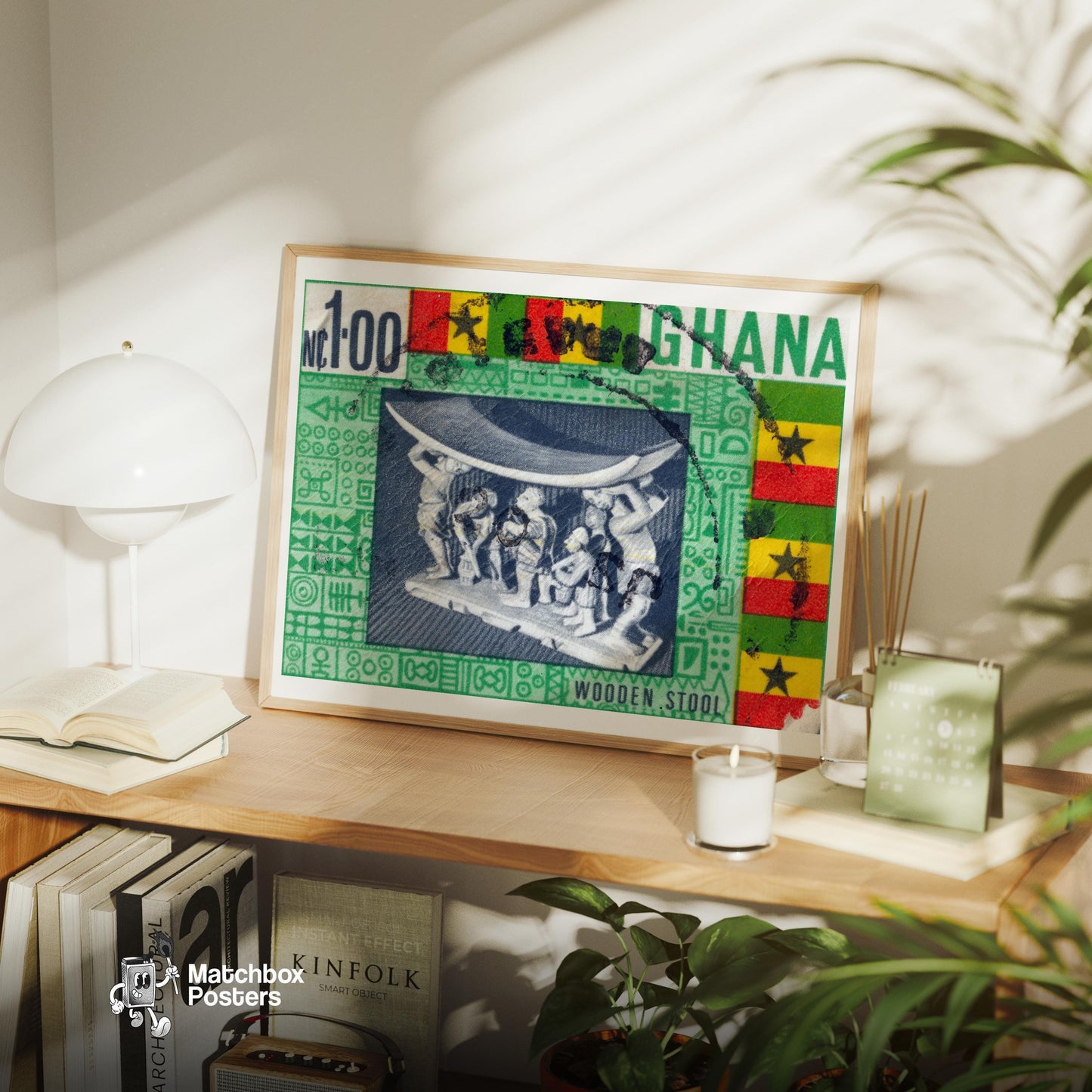 Ghanaian Wooden Stool - vintage matchbox label print - office wall