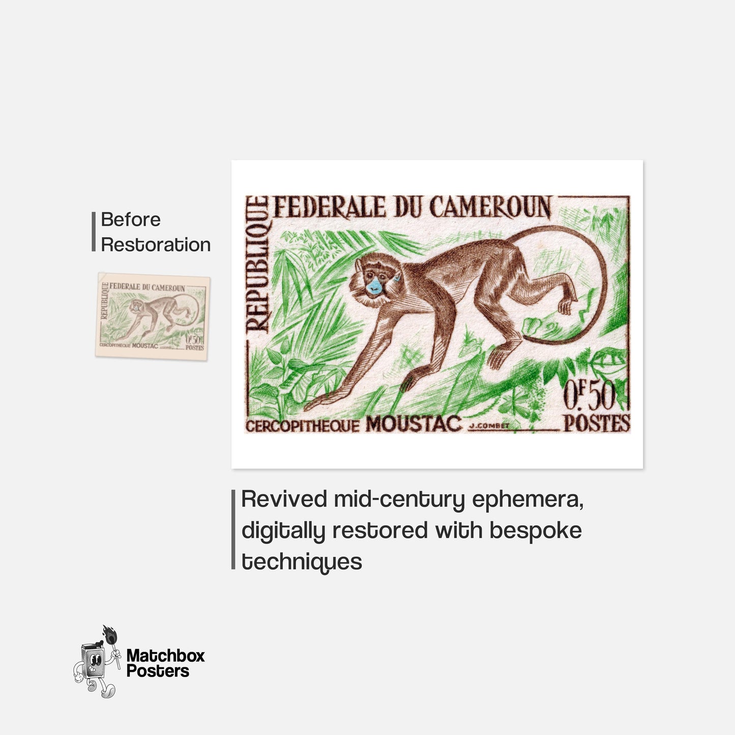 Cercopitheque Moustac Monkey - vintage matchbox label print - framed wall art preview
