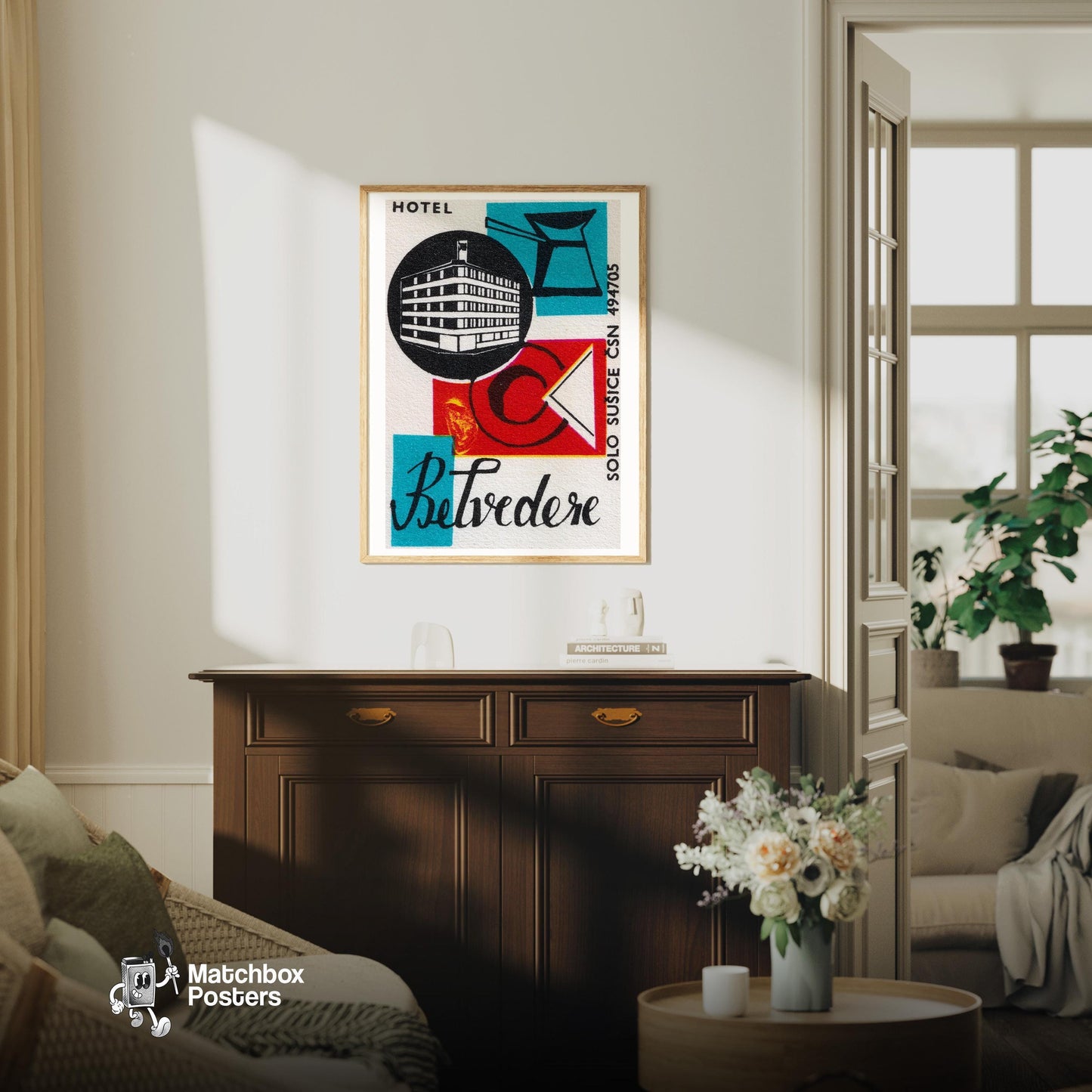 Czech Hotel - vintage matchbox label print - living room mockup