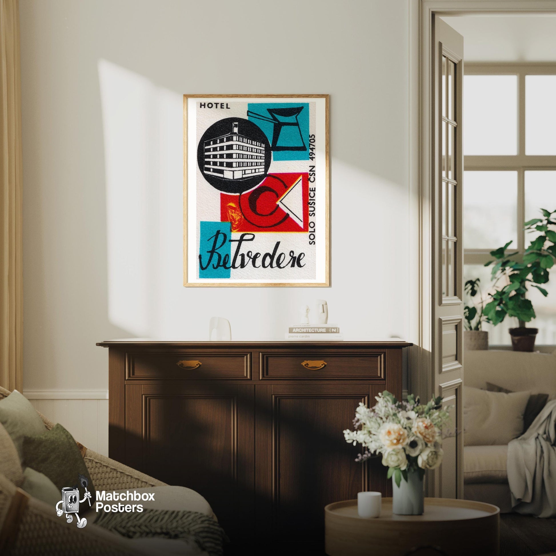 Czech Hotel - vintage matchbox label print - living room mockup