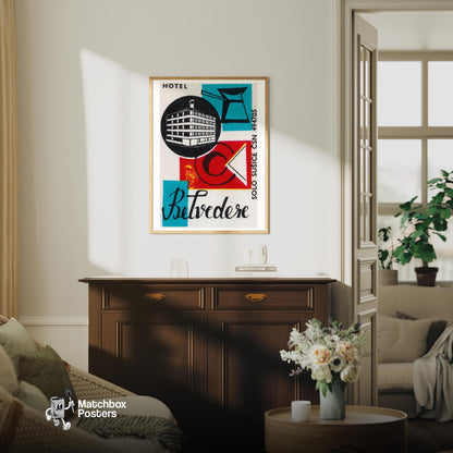 Czech Hotel - vintage matchbox label print - living room mockup