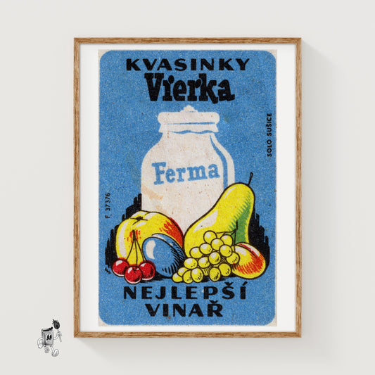 Milk Jug and Fruit - vintage matchbox label print