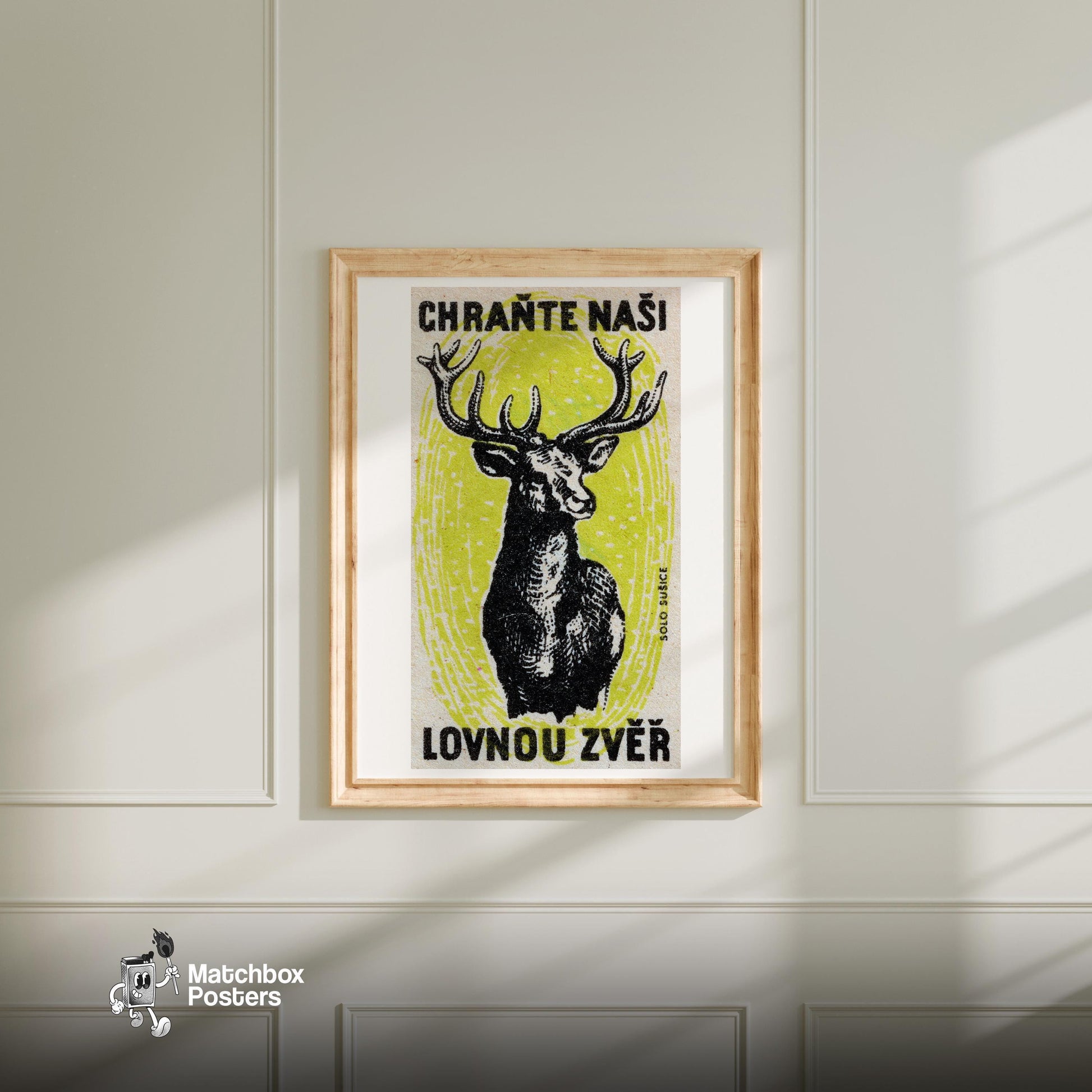 Black Stag - vintage matchbox label print - bedroom mockup
