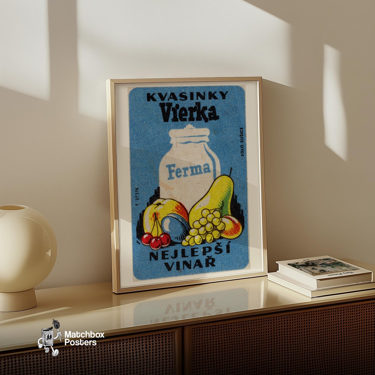 Milk Jug and Fruit - vintage matchbox label print - size comparison